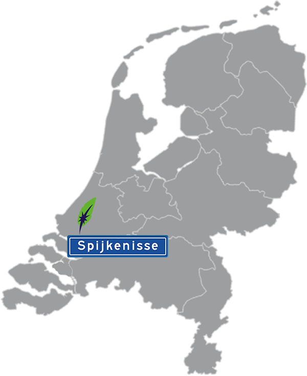 Maatwerk taaltraining in Spijkenisse - Bereik uw doel met Dagnall Talen Landkaart Nederland grijs - locatie Dagnall Taleninstituut in Spijkenisse - aangegeven met blauw plaatsnaambord met witte letters en Dagnall veer - op transparante achtergrond - 600 * 733 pixels